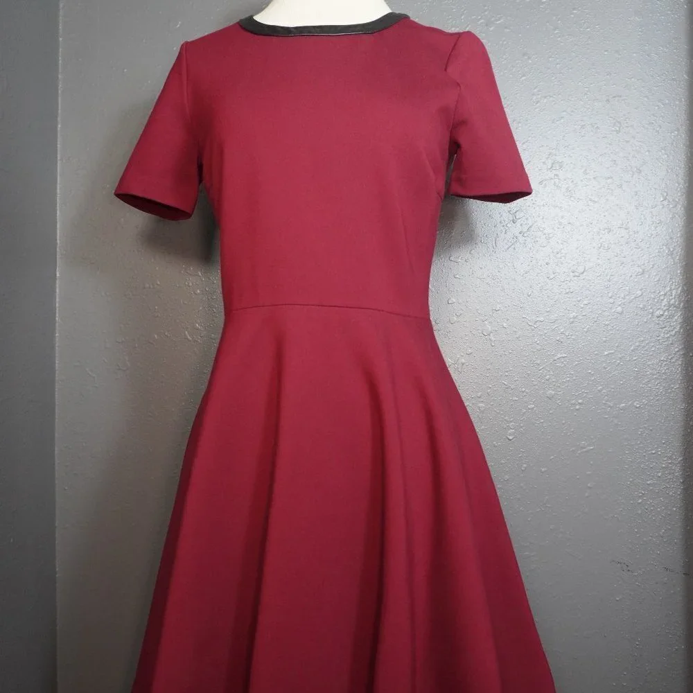Madewell Womens Dark Red Short Sleeve Skater Dress With Leather Size Small - Picture 2 of 8